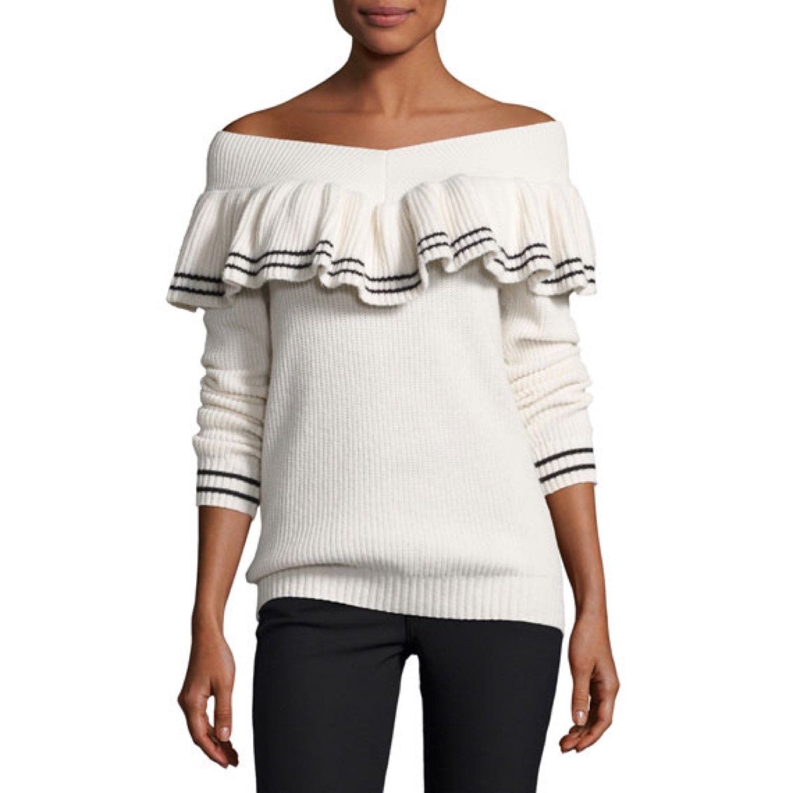 Self Portrait Striped Off-The-Shoulder Rib-Knit Sweater